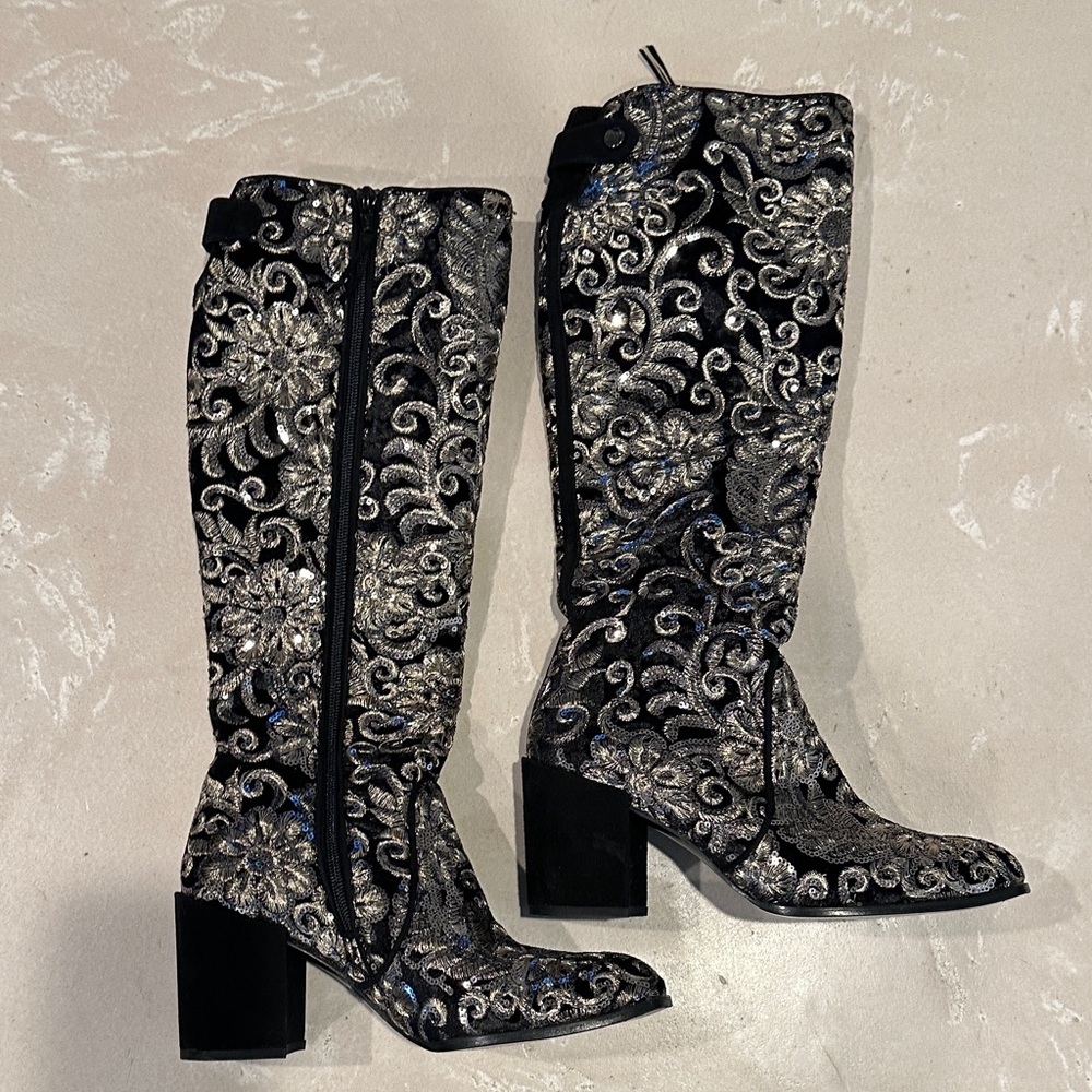 Stuart Weitzman Black and Silver Floral Heeled Boots-NEW!!